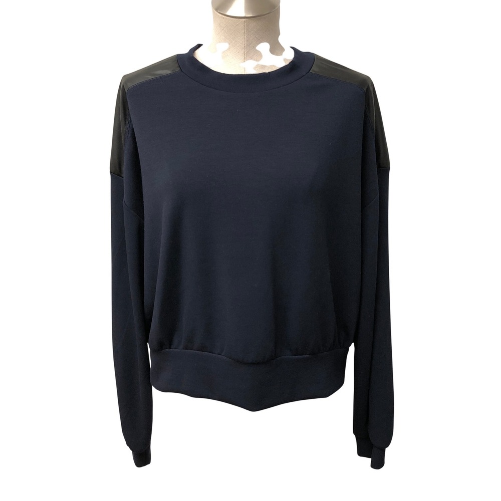 Maeve Sweatshirt Womens Medium Navy Blue Faux Leather Shoulder Trim Edgy Crew